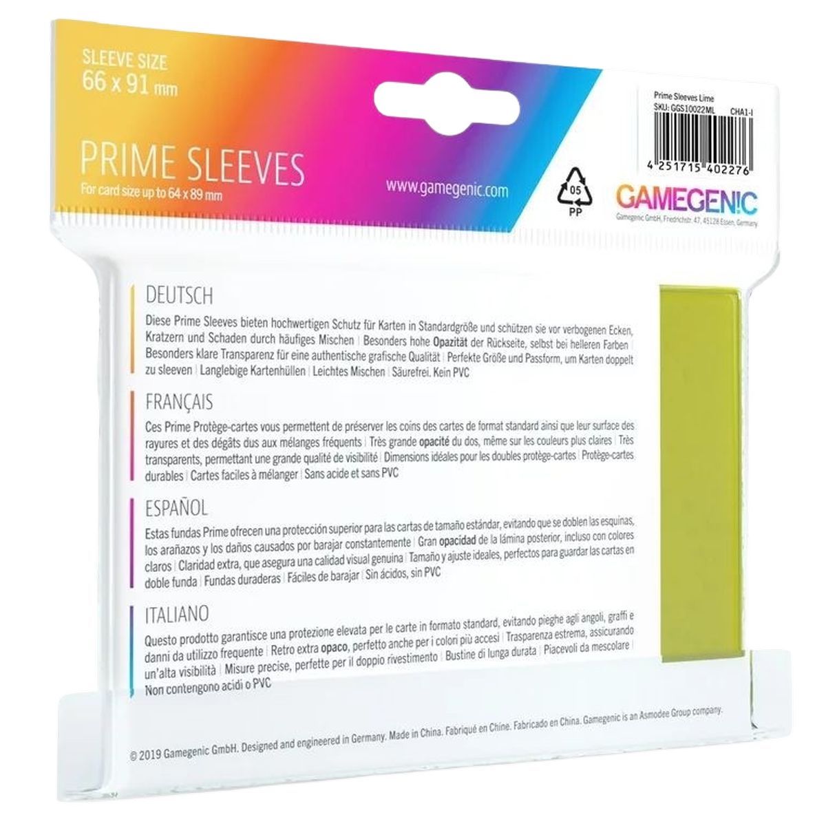 Gamegenic - 100 Prime Sleeves Lime - 66x91 Standard (100)