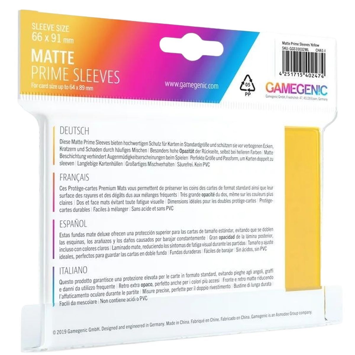 Gamegenic - Matte Prime Standard Sleeves - Jaune - 66x91 (100)